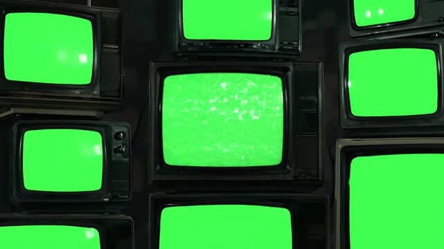 Green Screen pile of retro tvs with turning on and off scene 3 distortion, overlay, glitch, static noise, scan lines black background, 4k animated video loop