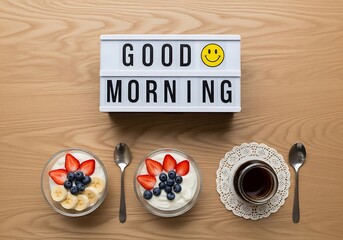 Good Morning Sign with Yogurt Bowls and Black Coffee. Generative Ai