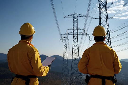 Power line workers in protective gear stand near electrical towers against a mountainous backdrop. They ensure safety and reliability of the energy grid. #PowerLines #Electrical