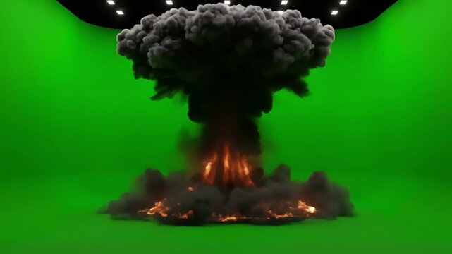 Green Screen the explosion of a nuclear bomb realistic 3d animation atomic with fire smoke and mushroom cloud in front scene 3 distortion, overlay, glitch, static noise, scan lines on black