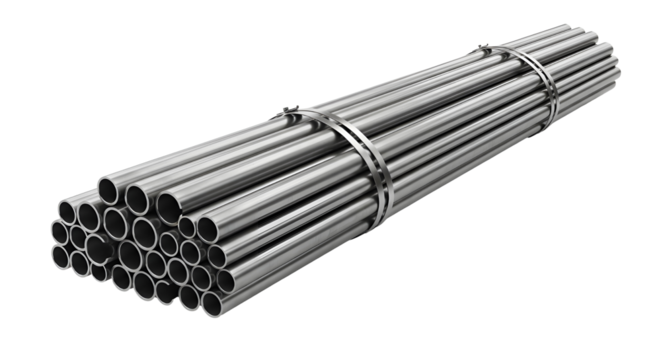 A bundle of metallic pipes arranged neatly. The pipes are cylindrical, shiny, and secured with metal bands. The background is transparent, emphasizing the pipes' structure.