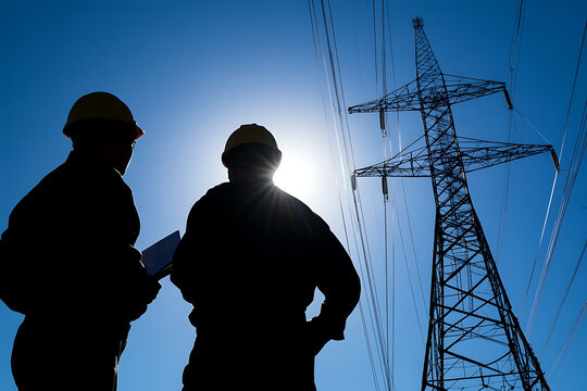 Silhouetted workers stand against a bright sky with a transmission tower. Engineers inspecting power lines, wearing protective helmets in front of clear blue sky.