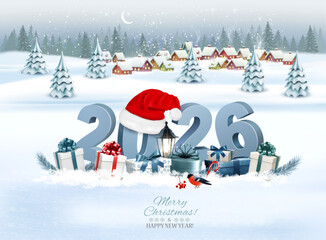 Holiday Christmas and Happy New Year background with a winter village and 2026. Vector.
