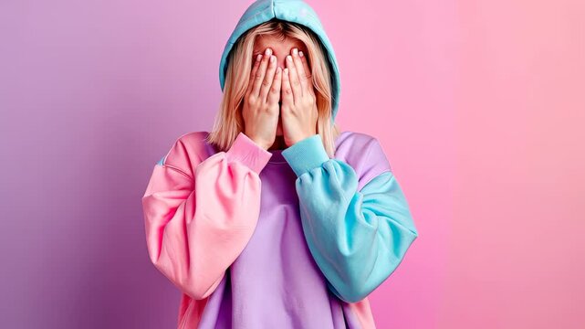 Concealing the Gaze: A person cloaks their face with hands, highlighting a moment of vulnerability, introspection, or hidden emotion. Against a vibrant gradient background.
