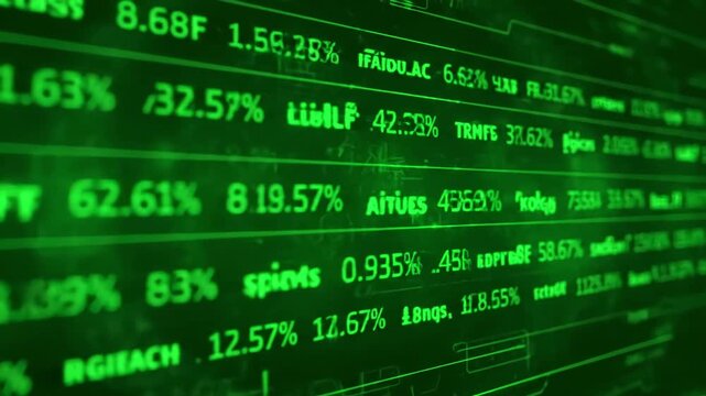 Green Screen stock market tickers digital animation of prices changing 4k scene 3 with distortion, overlay, glitch, static noise, scan lines on black background, animated video loop
