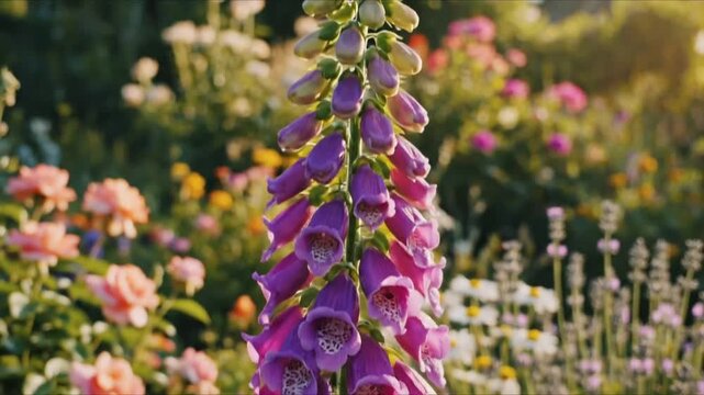 Purple foxglove flowers blooming in summer garden sunlight
