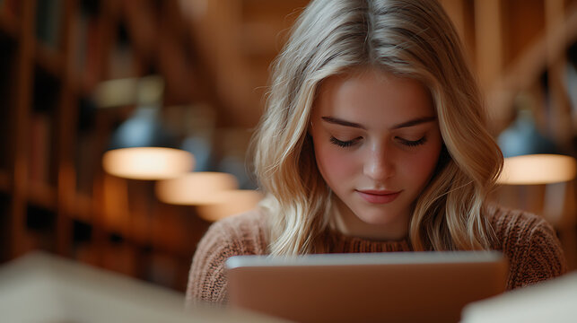 A fair-skinned blonde woman with wavy hair is intently focused on a tablet, seated in a cozy library setting, with warm lighting adding to the focused atmosphere.