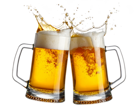 Beer mugs splash toast cheers isolated on transparent background.