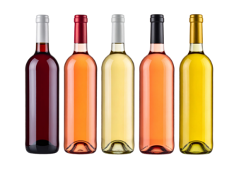 Different kind of wine bottles isolated on transparent background. 