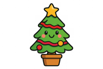 Cute christmas tree cartoon character smiling, wearing a star and decorations, celebrating winter holidays, transparent background