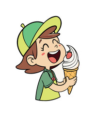 Happy Cartoon Boy Eating Ice Cream Cone | Summer Kid Character Enjoying Sweet Dessert Vector