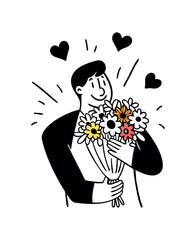 Simple Line Art Man Holding Bouquet of Flowers Vector Illustration