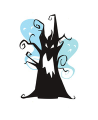 Cartoon Halloween Spooky Tree Vector Illustration with Scary Monster Face and Silhouette