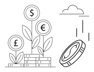 Stack of coins with plants topped by currency signs, coin in the air, and minimalist design elements. Ideal for finance, investment, savings, economic growth, wealth, budgeting minimalist visuals