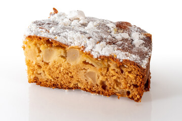 Slice of apple pie with powdered sugar isolated on white background with clipping path included