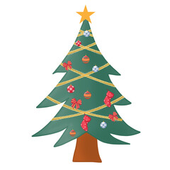 Decorative Christmas tree with ornaments and star topper, isolated PNG for festive digital artwork.