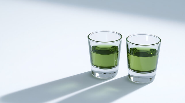 Two glasses of green liquid stand side by side, casting shadows on a bright surface. The clean, minimalist setting emphasizes the color and form.  A refreshing and invigorating vibe.