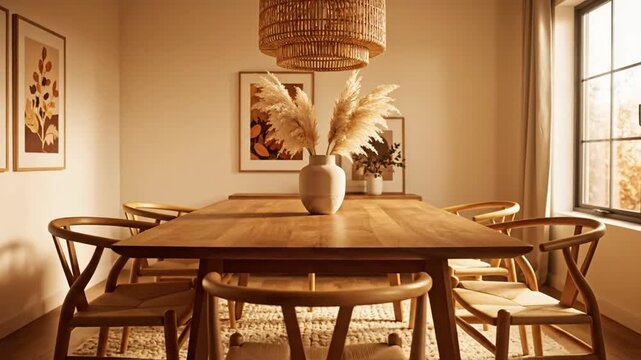 Warm dining room tableau with light