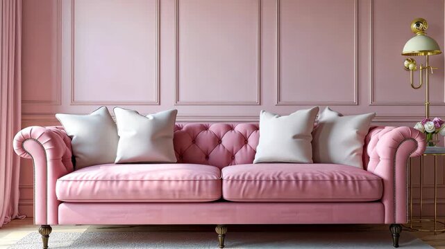 Pink Velvet Sofa in Pastel Room: A luxurious pink velvet sofa, adorned with plush cushions, graces a pastel-hued room, evoking feelings of comfort, elegance, and serenity.