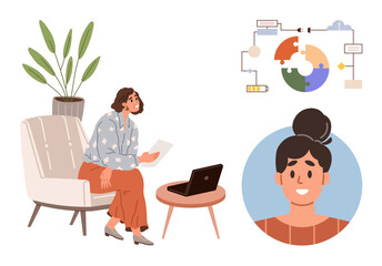 Woman seated on a chair working with a laptop and papers, video call participant, and data flow diagram symbolizing teamwork. Ideal for remote work, communication, workflow, teamwork, productivity