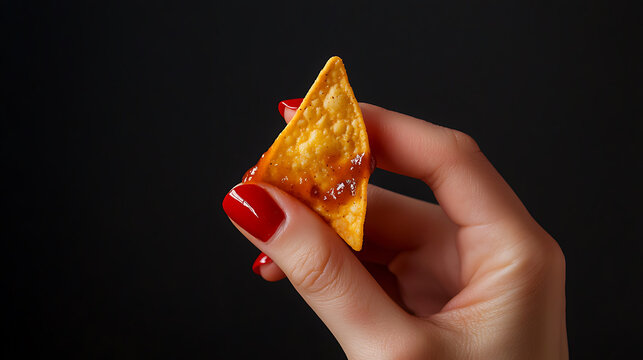 A hand with red nails holds a nacho chip covered in spicy sauce. The texture of the nacho contrasts with the glossy nail polish, set against a sleek, black backdrop.