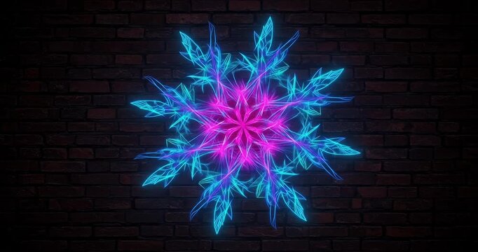 Vibrant neon snowflake design against a dark wall