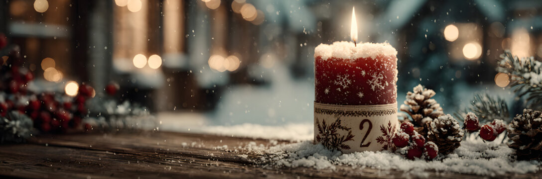 Zweiter Advent schnee panorama Kerze mit Zahl dekoriert weihnachten Aventszeit holz hintergrund lichter bokeh / second sunday advent