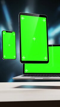 Green Screen levitating devices on office desk for responsive web design presentation isolated screens in chroma key mockup scene 3 with distortion, overlay, glitch, static noise, scan lines black