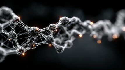 Abstract network structure with interconnected spheres and lines on a dark background.