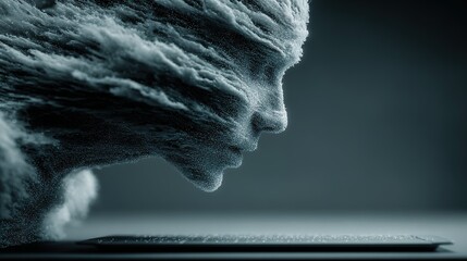 Abstract face sculpture with textured surface in gray tones against a dark background.