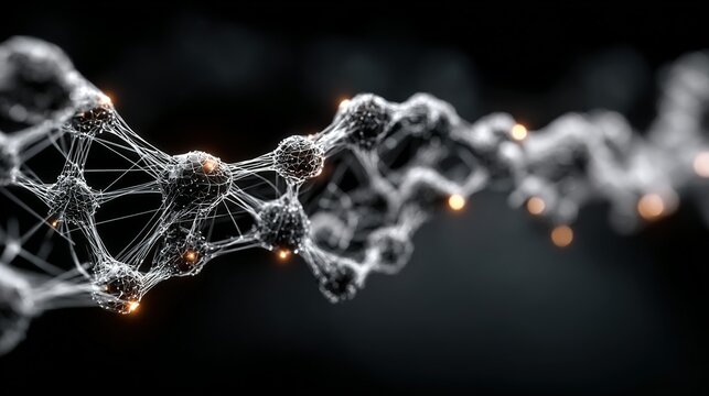 Abstract network structure with interconnected spheres and lines on a dark background.