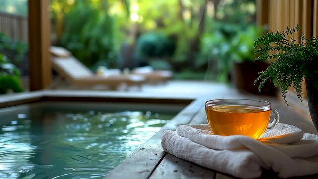 Tranquil Spa Moment: A captivating photograph showcases the serene essence of a spa experience. A delicate cup of tea rests upon a stack of plush, inviting towels beside a calm pool.