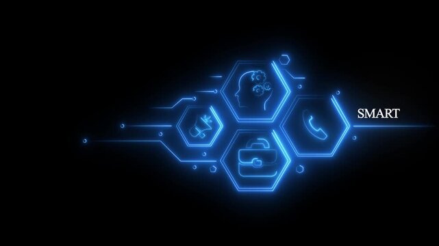Smart .Abstract neon Hud knowledge ability business gear icon Glowing neon line concept. Glowing .button ,concept animation. Business, Technology, Internet and network concept.4k video