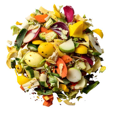 A vibrant pile of assorted food scraps including vegetable peels fruit rinds and leafy greens set against a clean white background