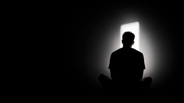 A lone silhouette sits in the darkness, facing a distant light. A moment of introspection, bathed in shadows and a sliver of hope. Lost in thoughts, seeking clarity.