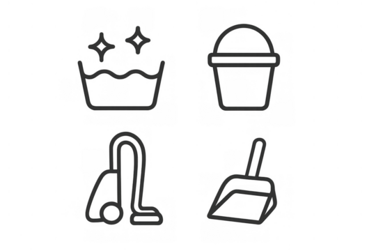 Cleaning service doodle icons set illustrating daily housekeeping chores, maintenance and sanitation activities