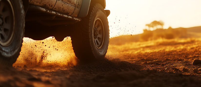 Off-road vehicle traversing rough terrain, dust flying high at sunset. Rugged adventures, sun-drenched escapades in the wild, where the journey is the destination.