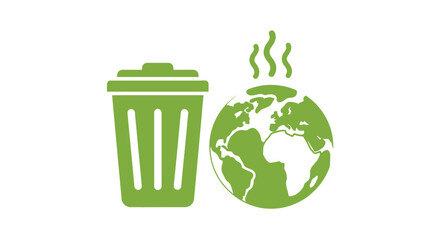 A green trash can next to a world globe with rising smoke