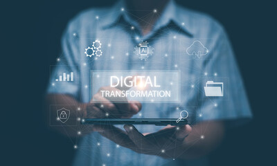 Digital transformation and technology innovation concept. Businessman using smartphone with holographic network icons. AI, cloud computing, automation, data management and business modernization.