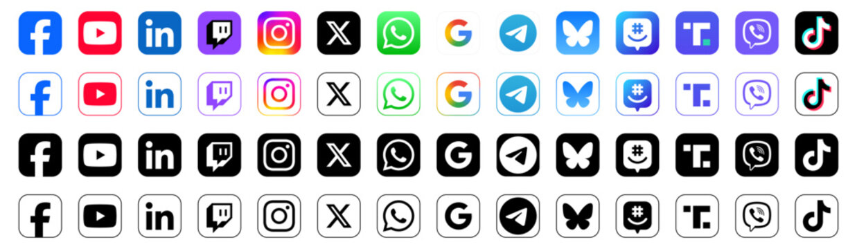 social media icon set or social network logos , Linkedin, Facebook, instagram, bluesky, x, youtube, google, whatsapp, telegram, twitch, tiktok, flat vector icon . Contact us web icons set