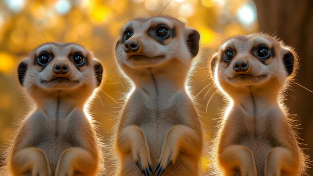 Playful Meerkat Trio: Three charming meerkats stand attentively in the soft sunlight, creating a heartwarming scene of wildlife cooperation, each one with a unique expression and engaging gaze.