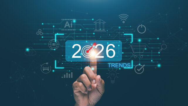 Concept of 2026 business trends. Finger touching at target of 2026 and digital interface with icons of AI, finance, e-commerce, innovation and data analytics. Transformation and global progress.