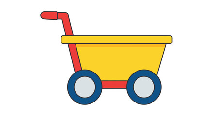 Simple cartoon illustration of a yellow shopping cart with red handle