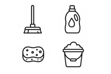 Cleaning supplies line icons set showing broom, detergent, sponge, and bucket, essential tools for housekeeping on a transparent background