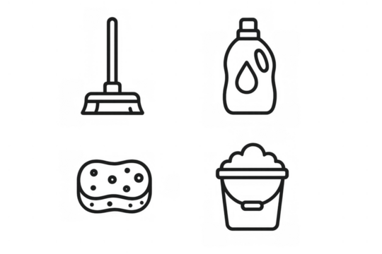 Cleaning supplies line icons set showing broom, detergent, sponge, and bucket, essential tools for housekeeping on a transparent background