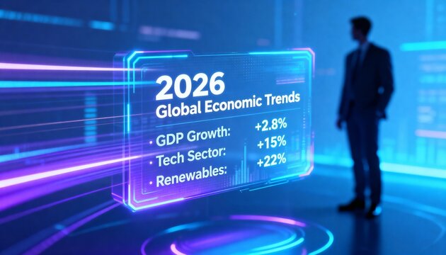 Digital hologram showing global economic trends for upcoming year 2026, businessman silhouette in background, futuristic finance concept