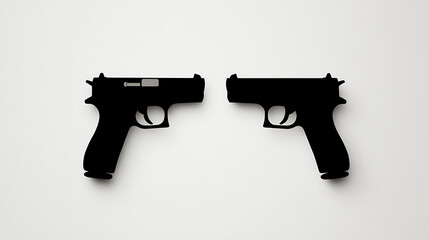 Sleek silhouettes of two identical guns, mirrored against a stark white background, evoke themes of symmetry and contrast, hinting at a confrontation or a choice.