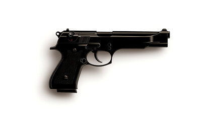 Sleek black handgun, isolated on a white backdrop. This powerful firearm features a comfortable grip and a high-capacity magazine, symbolizing security and tactical design.