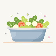 Fresh Healthy Salad Bowl With Lettuce Tomatoes And Mozzarella Cheese In A Light Blue Bowl On A Pale Yellow Surface With Small Colorful Shapes Floating Around
