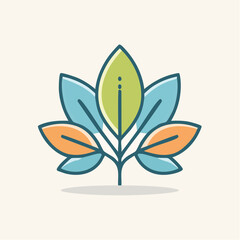 Stylized abstract plant illustration with pastel green blue and orange leaves against a cream background.